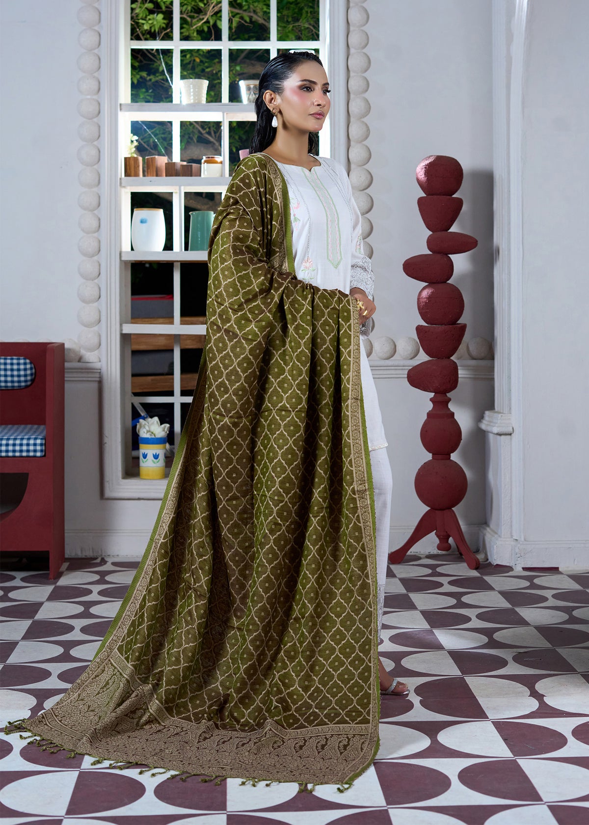 Olive Green Geometric Shawl