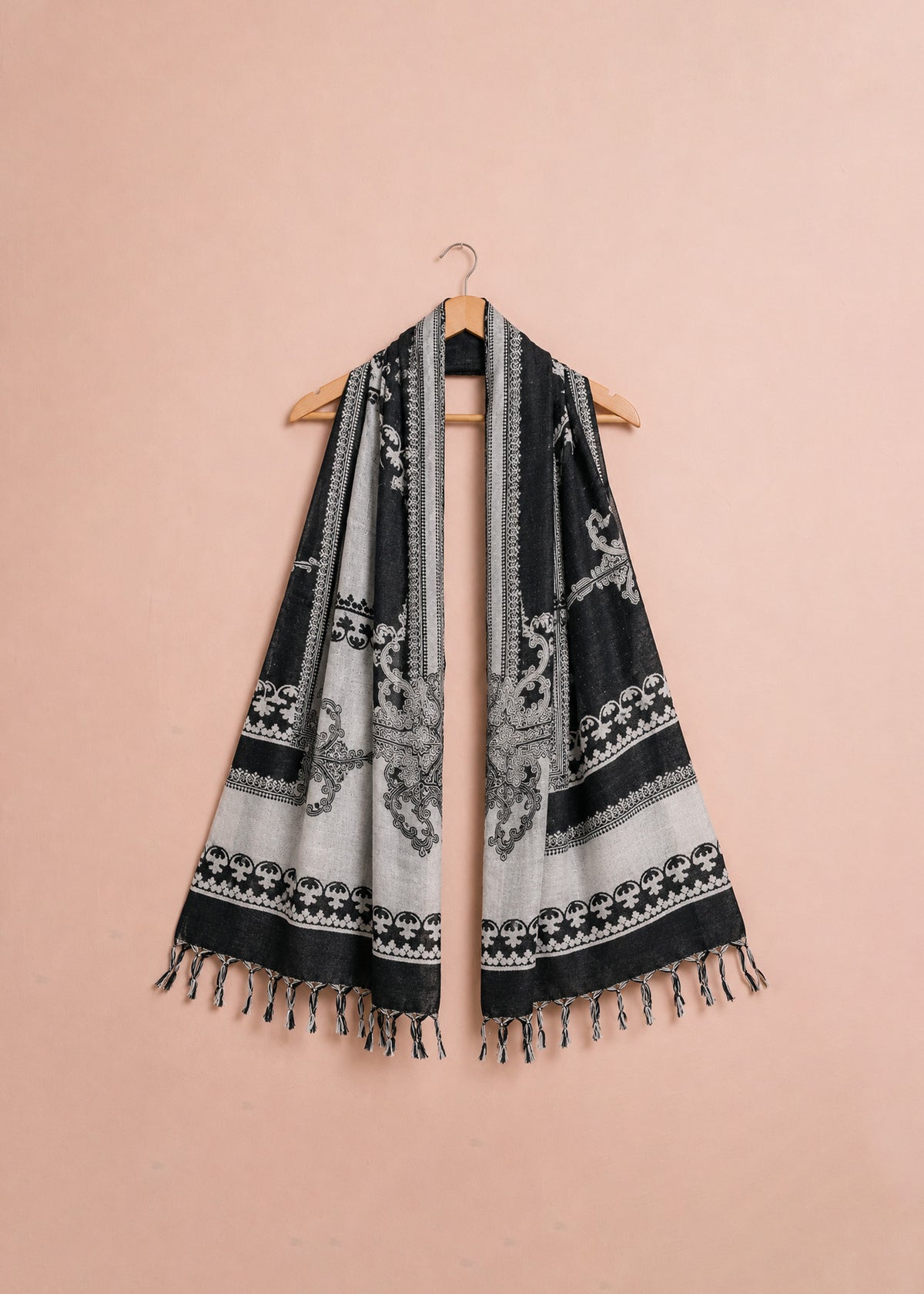 Black Monochrome Baroque Jacquard Shawl