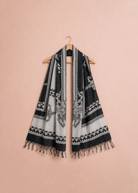 Black Monochrome Baroque Jacquard Shawl