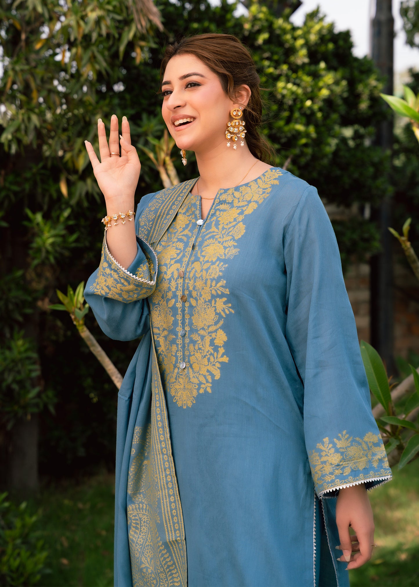 Sky Mint Elegance Jacquard 3 Piece Suit