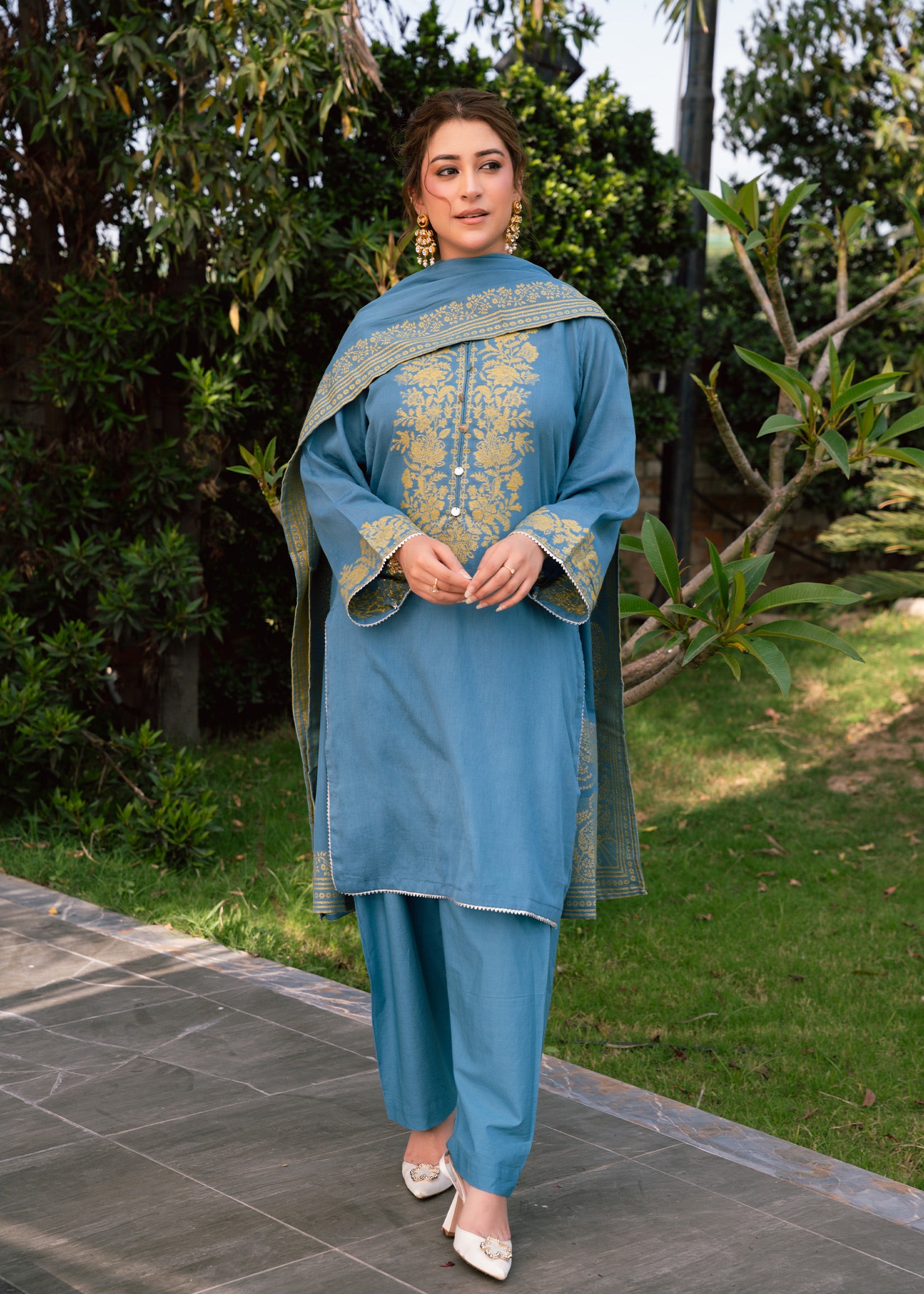 Sky Mint Elegance Jacquard 3 Piece Suit