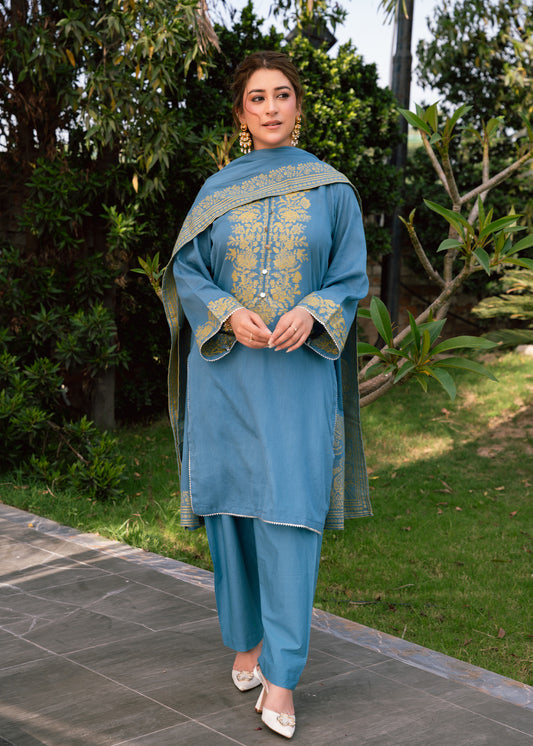 Sky Mint Elegance Jacquard 3 Piece Suit