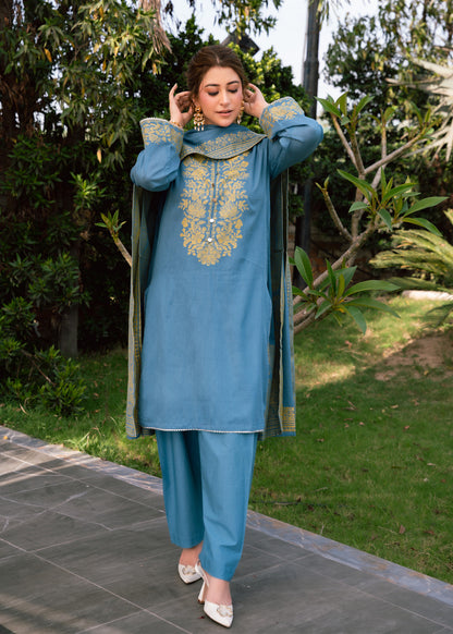 Sky Mint Elegance Jacquard 3 Piece Suit