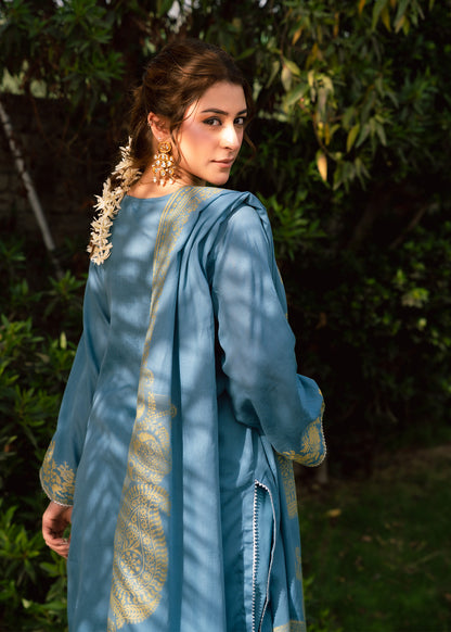Sky Mint Elegance Jacquard 3 Piece Suit