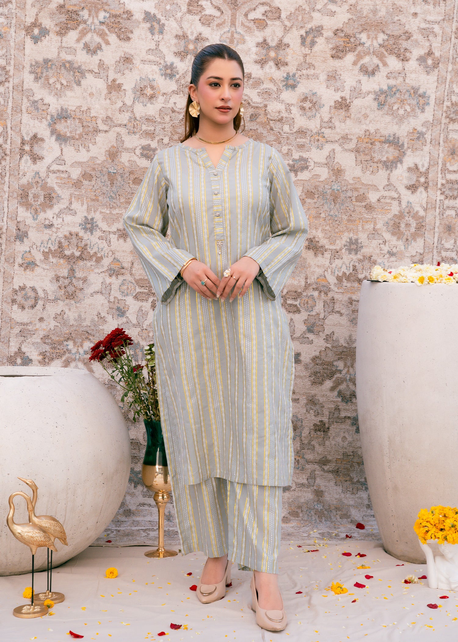 Aqua Noor – Striped Jacquard Three-Piece