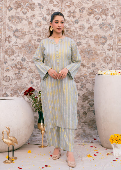 Aqua Noor – Striped Jacquard Three-Piece