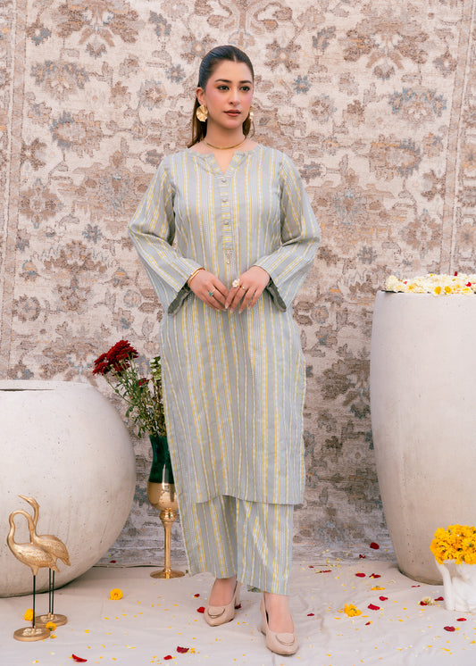 Aqua Noor – Striped Jacquard Three-Piece