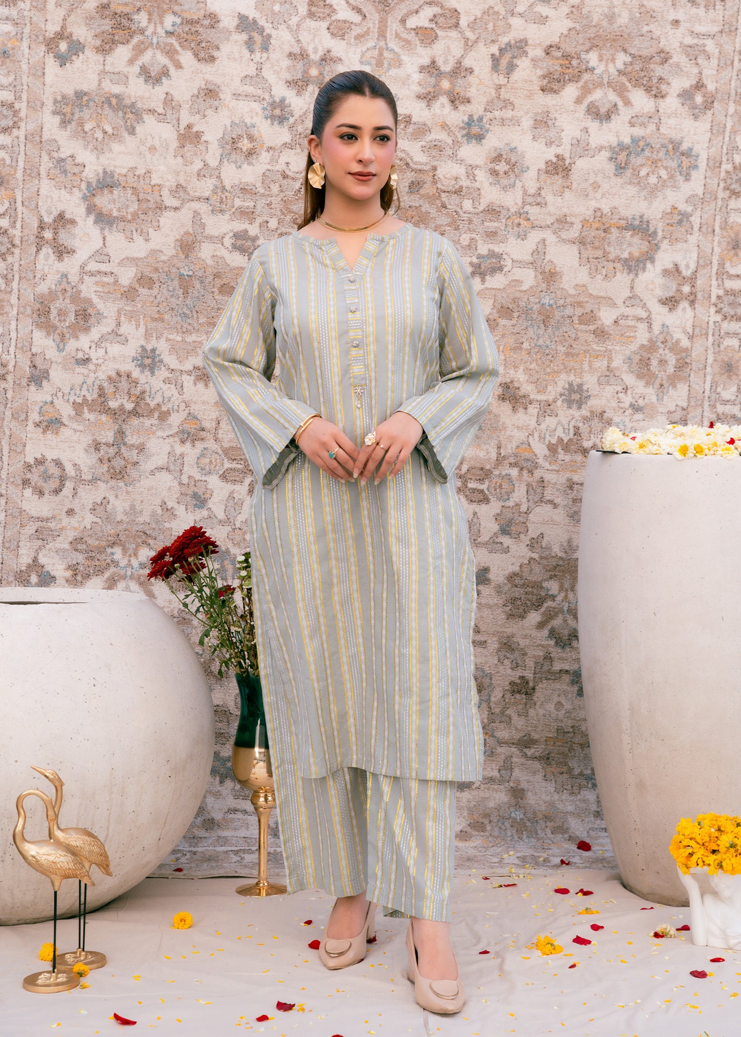 Aqua Noor – Striped Jacquard Three-Piece