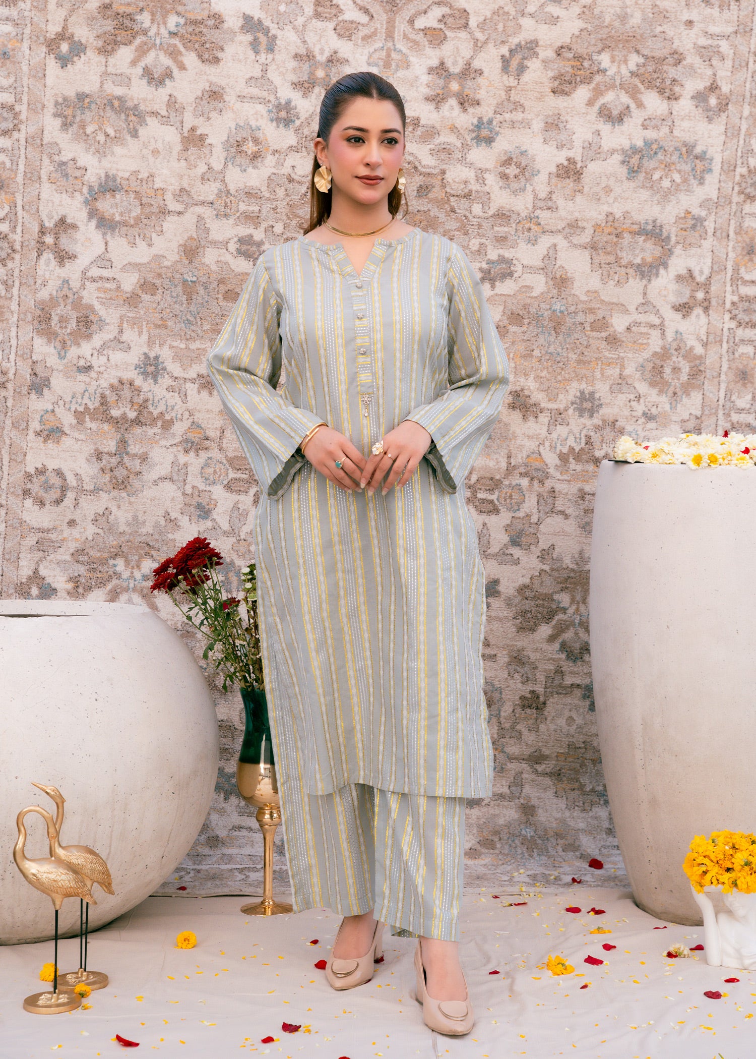 Aqua Noor – Striped Jacquard Three-Piece