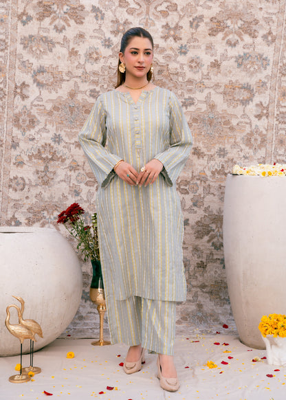 Aqua Noor – Striped Jacquard Three-Piece