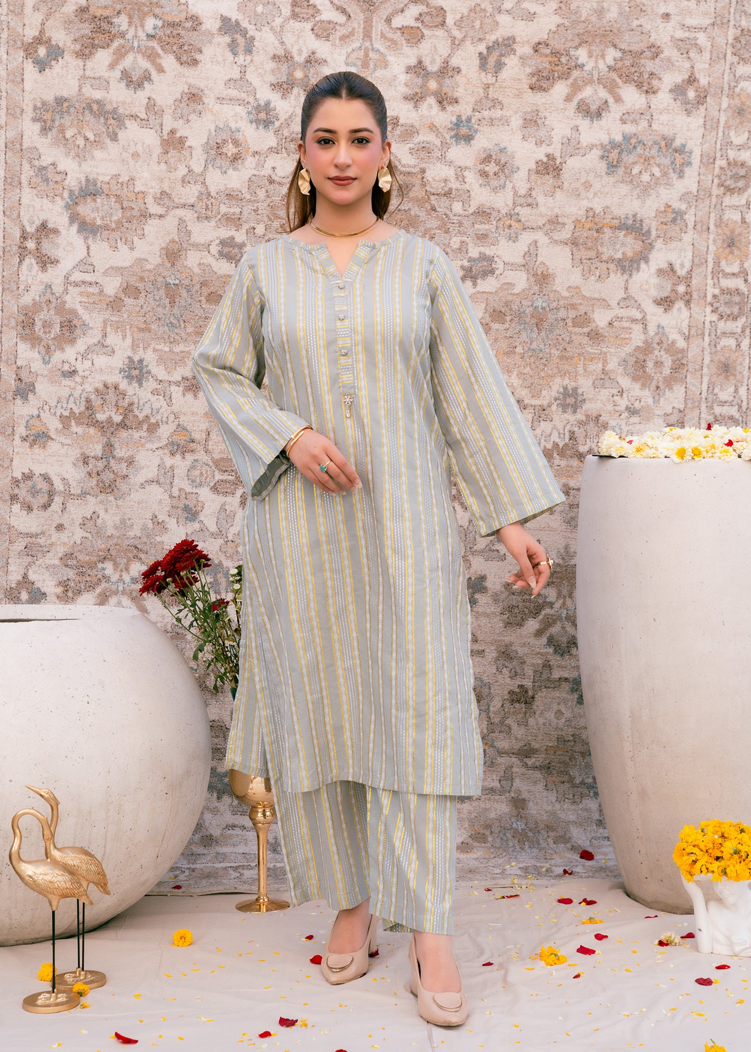Aqua Noor – Striped Jacquard Three-Piece