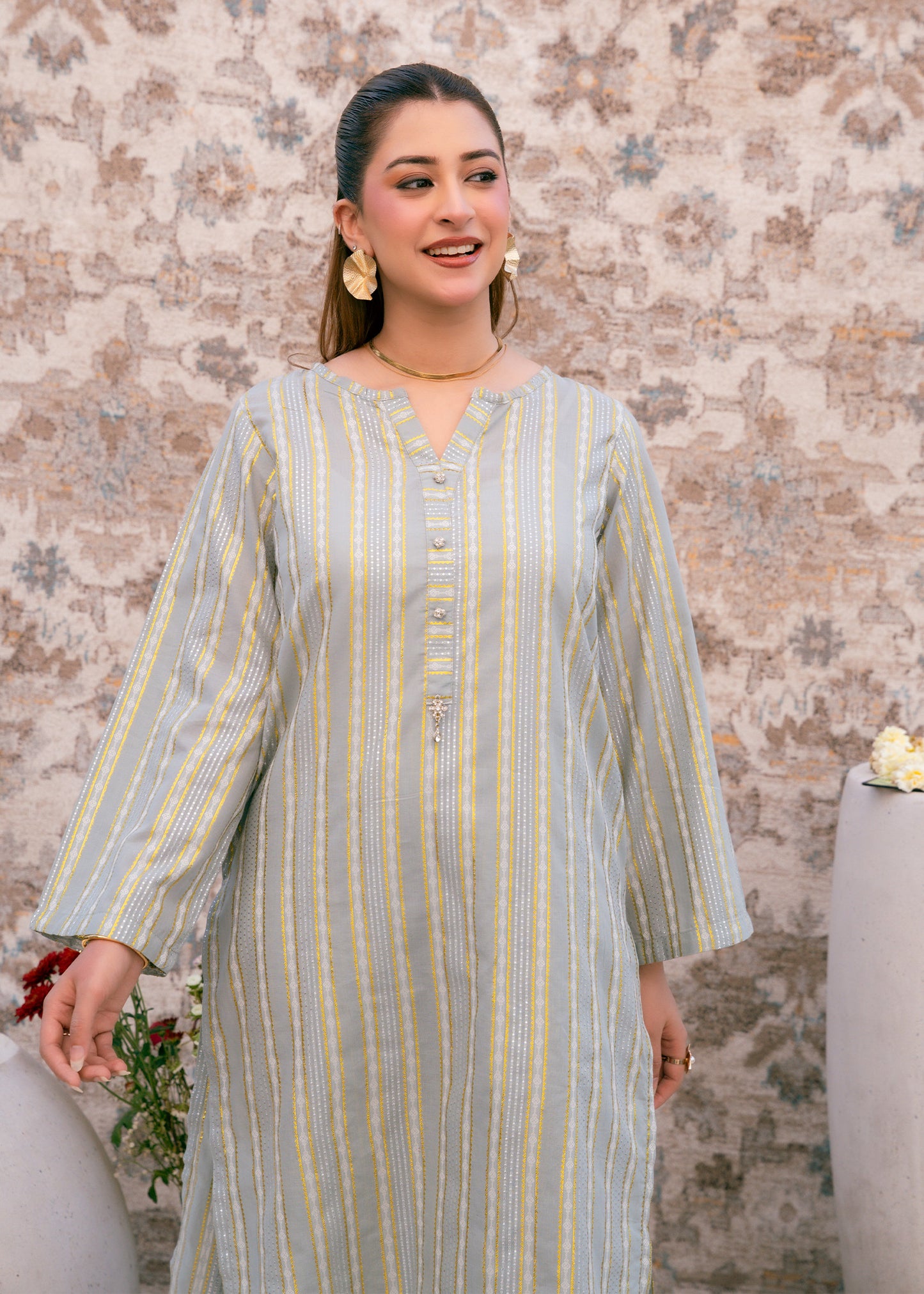 Aqua Noor – Striped Jacquard Three-Piece