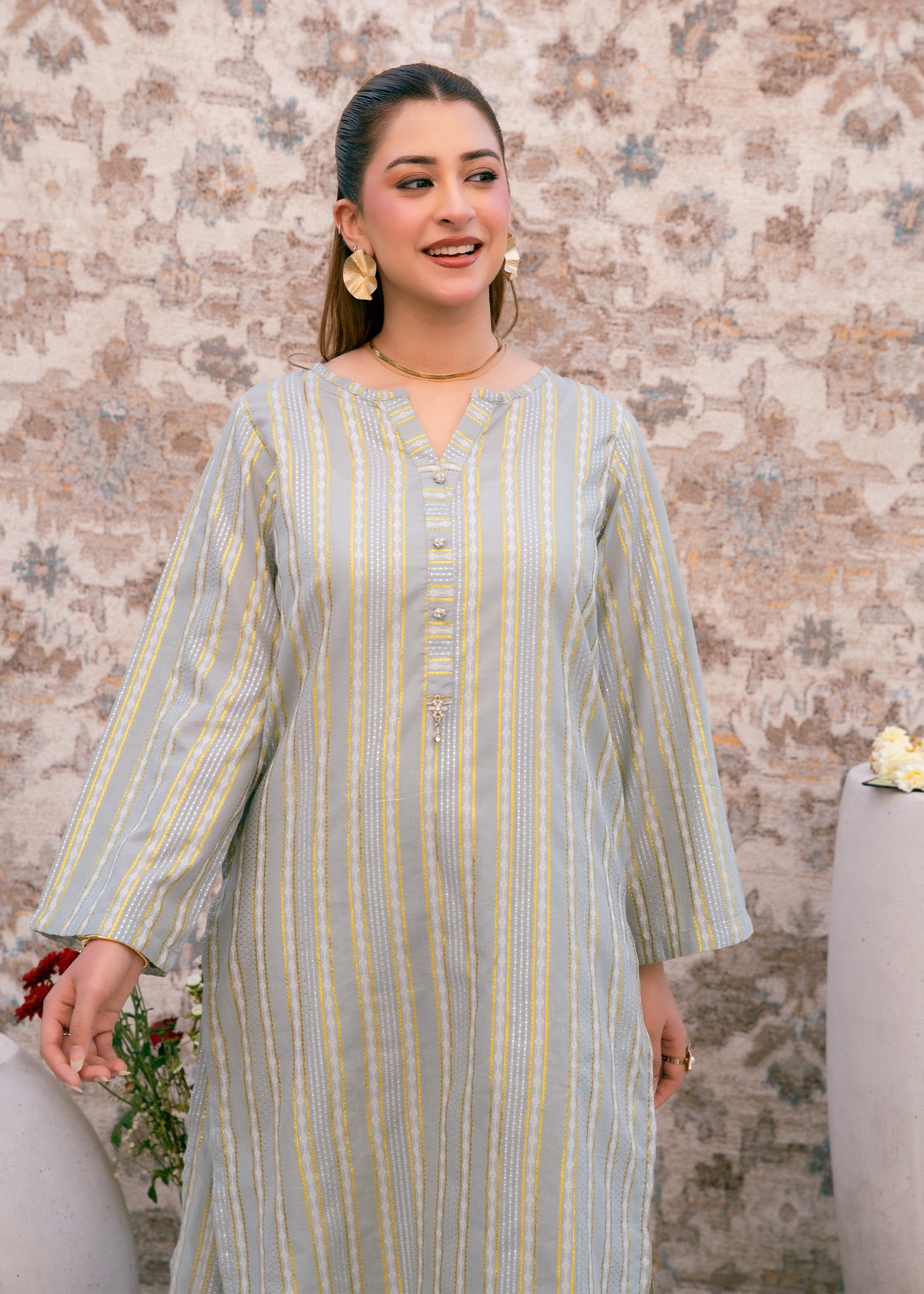 Aqua Noor – Striped Jacquard Three-Piece