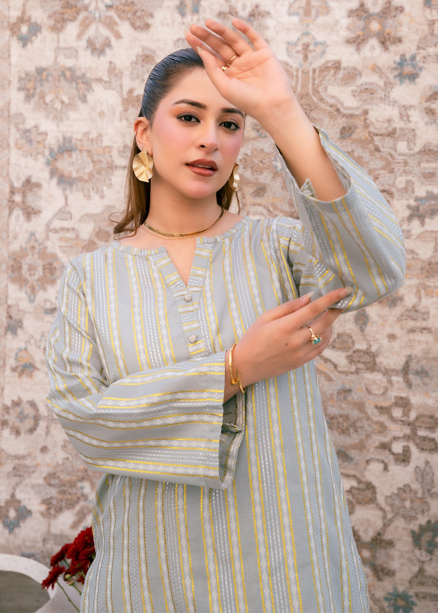 Aqua Noor – Striped Jacquard Three-Piece