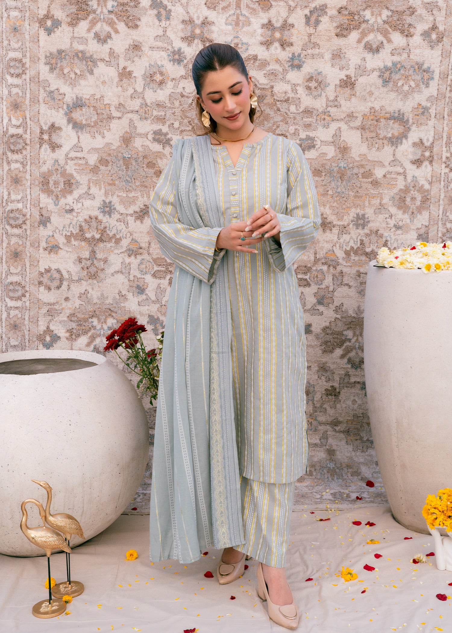Aqua Noor – Striped Jacquard Three-Piece