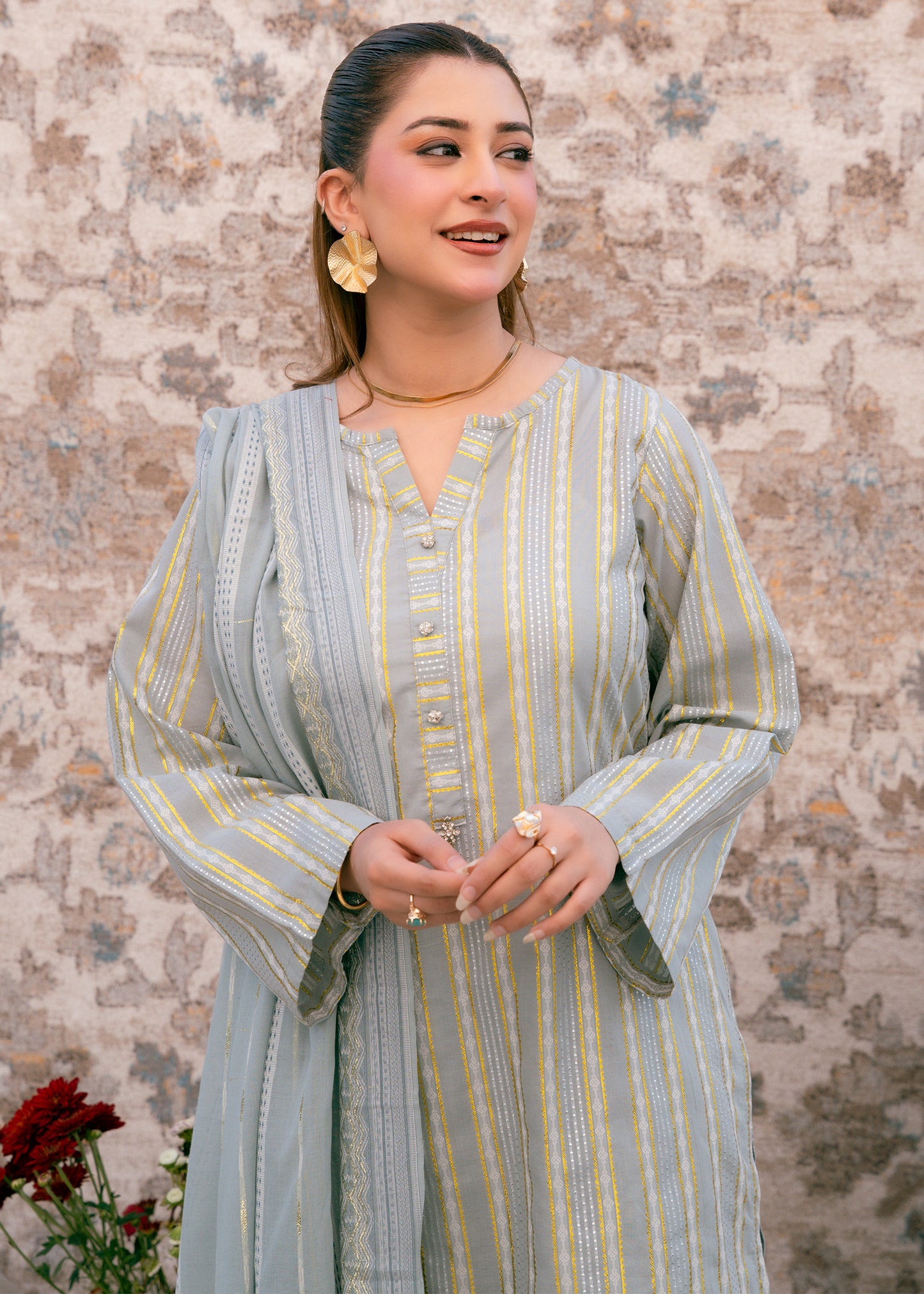 Aqua Noor – Striped Jacquard Three-Piece