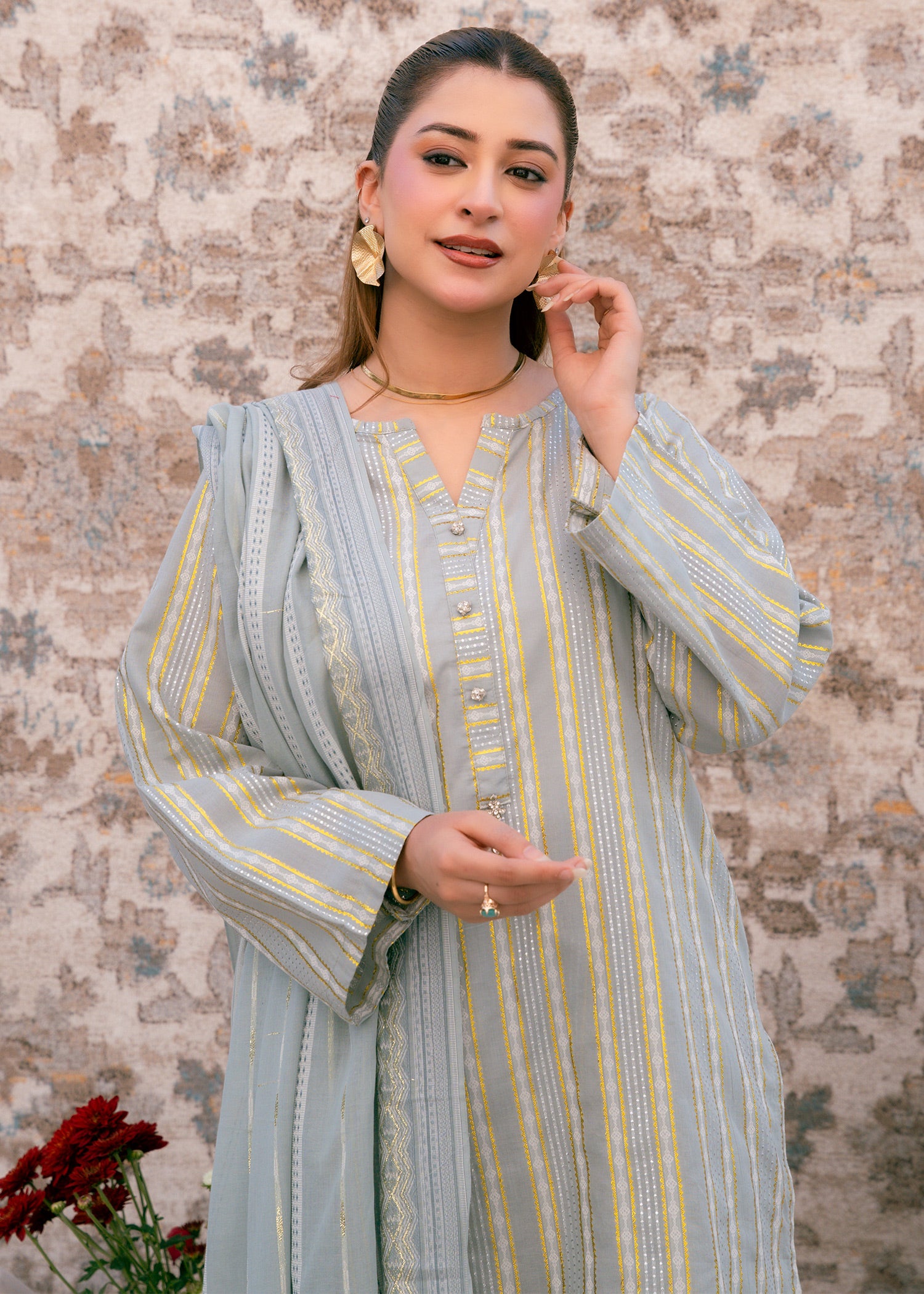 Aqua Noor – Striped Jacquard Three-Piece