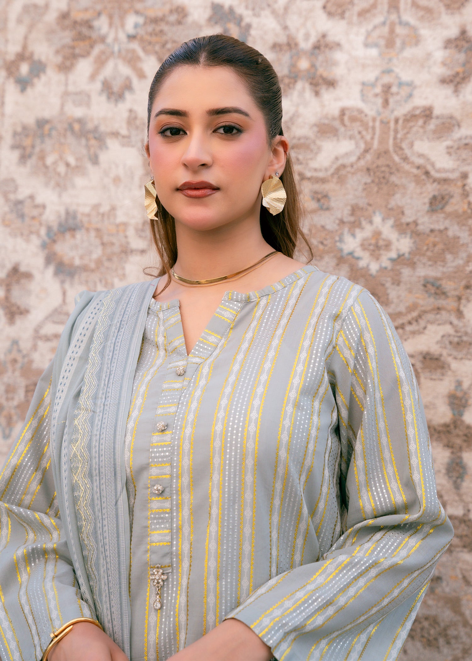 Aqua Noor – Striped Jacquard Three-Piece