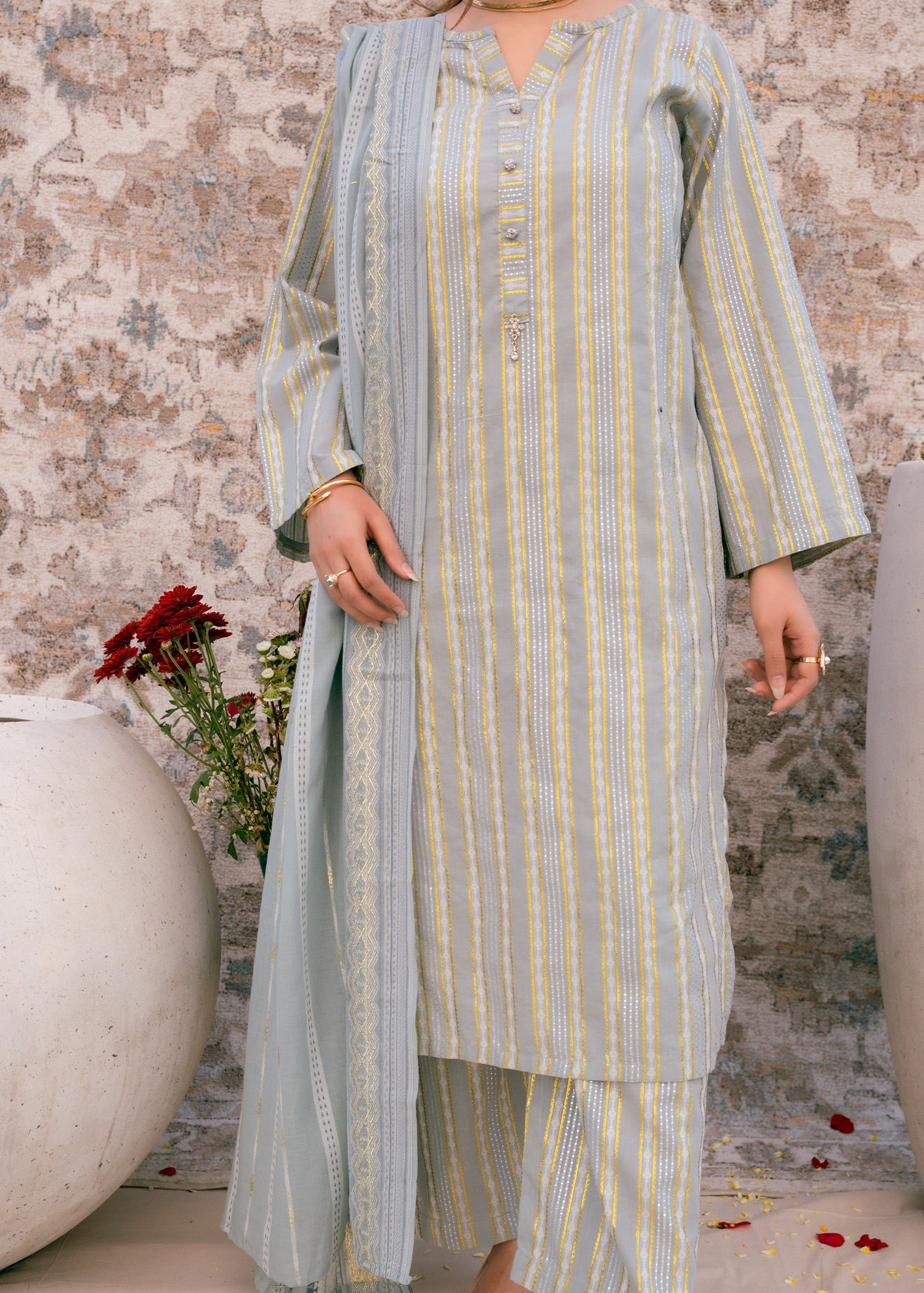Aqua Noor – Striped Jacquard Three-Piece