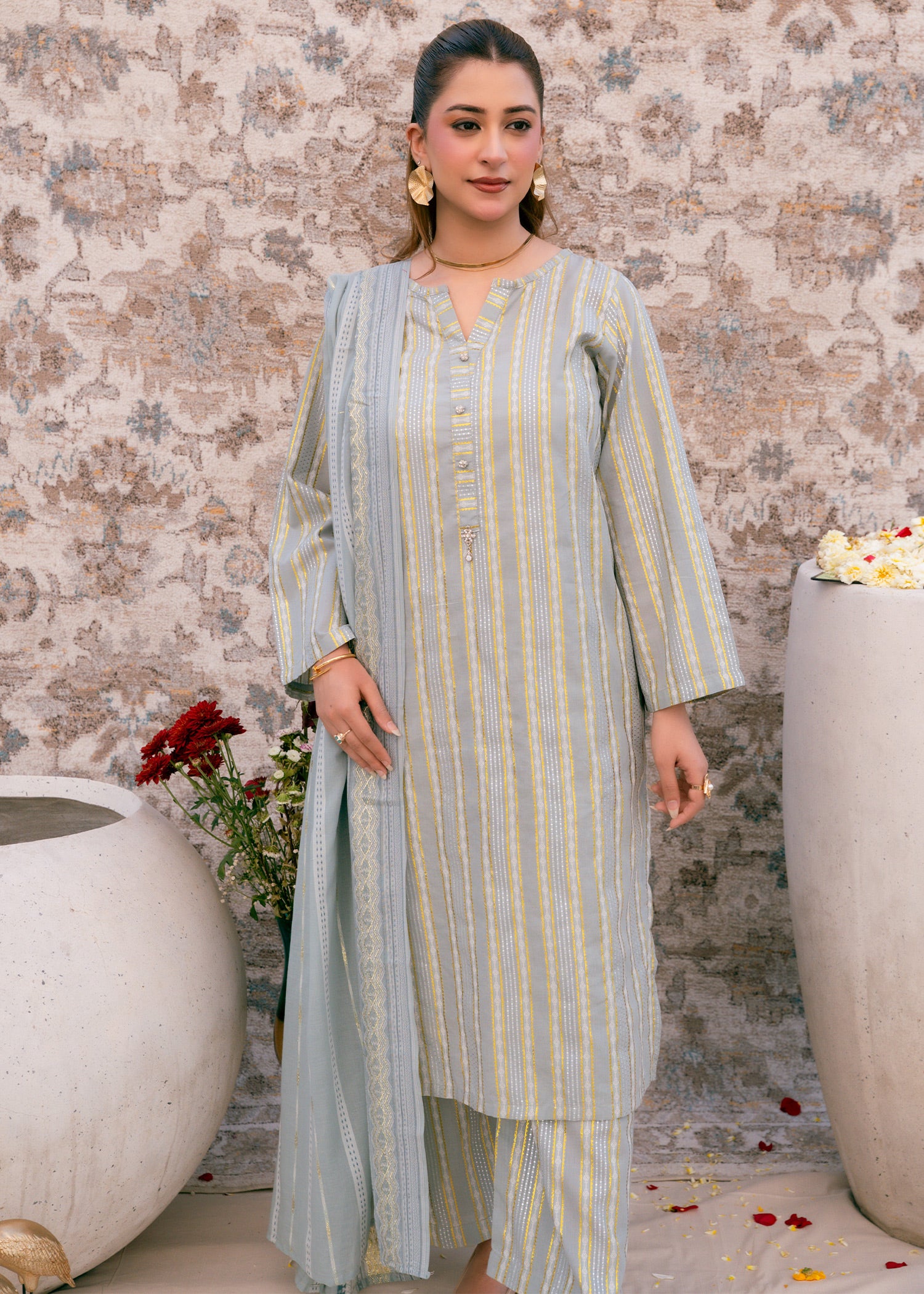 Aqua Noor – Striped Jacquard Three-Piece