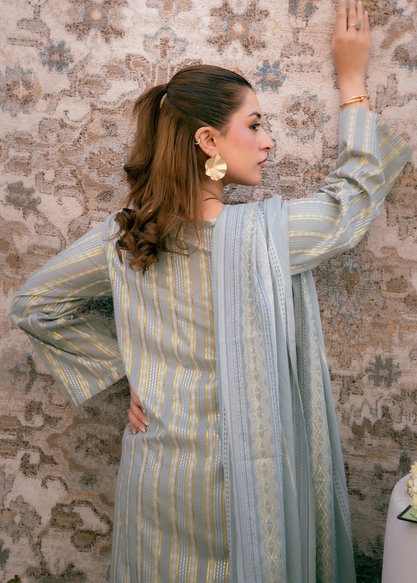 Aqua Noor – Striped Jacquard Three-Piece