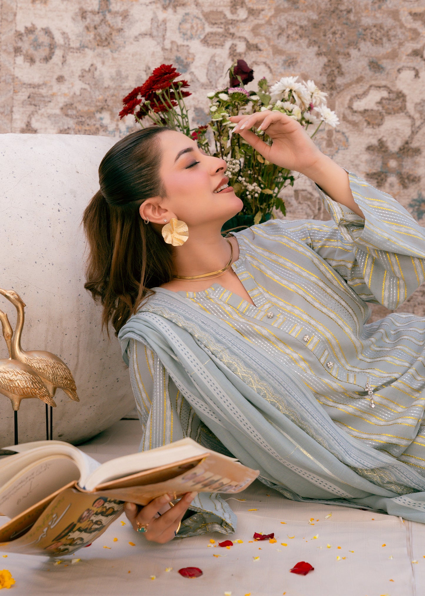 Aqua Noor – Striped Jacquard Three-Piece