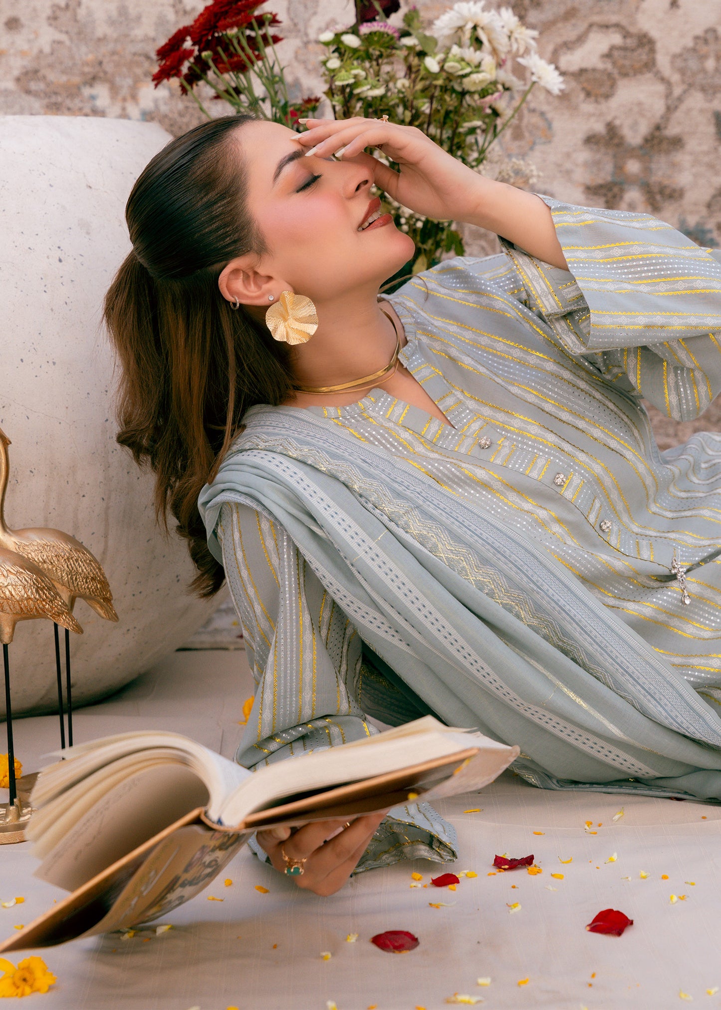 Aqua Noor – Striped Jacquard Three-Piece