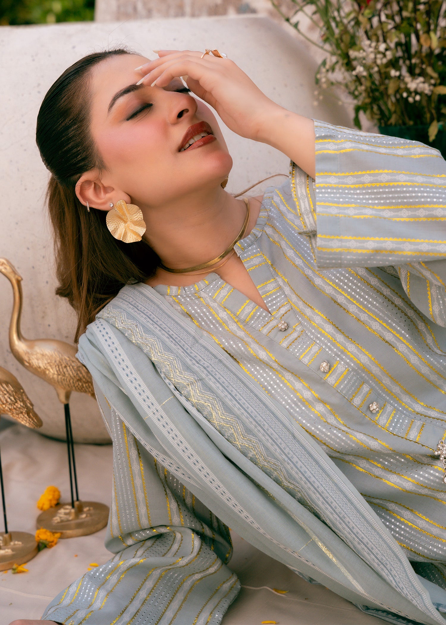 Aqua Noor – Striped Jacquard Three-Piece
