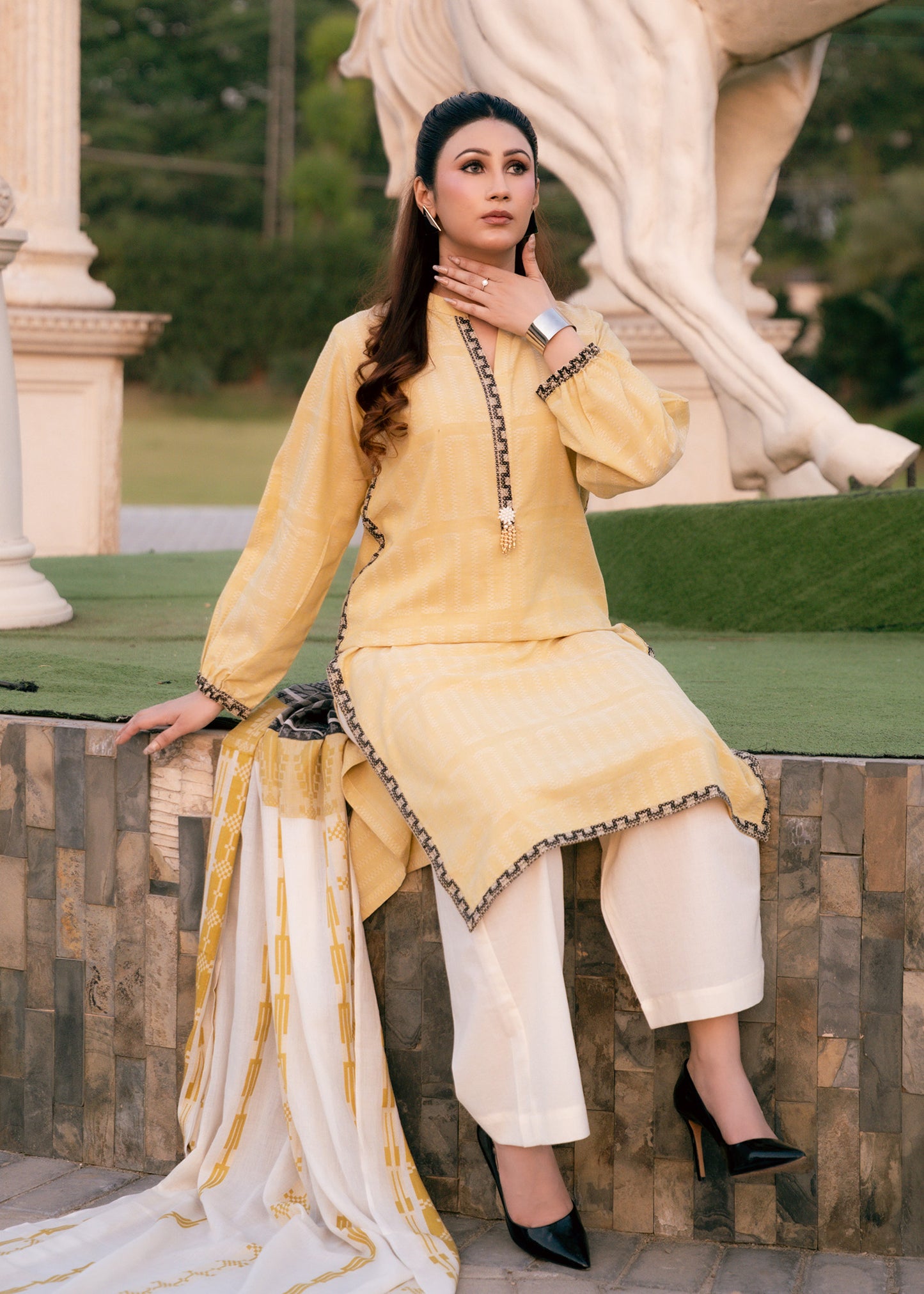 Sunlit Mustard Jacquard 3 Piece Suit