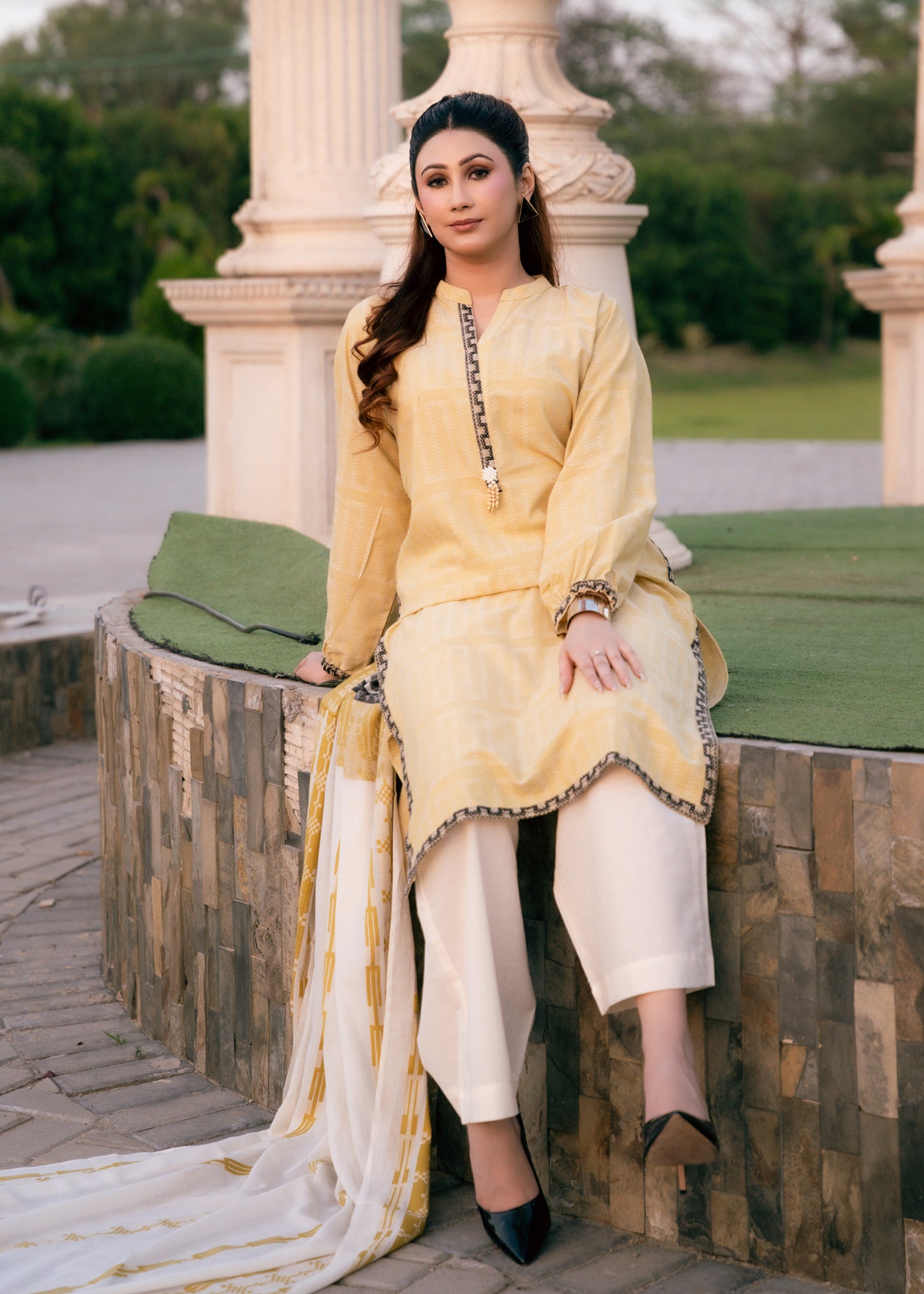 Sunlit Mustard Jacquard 3 Piece Suit