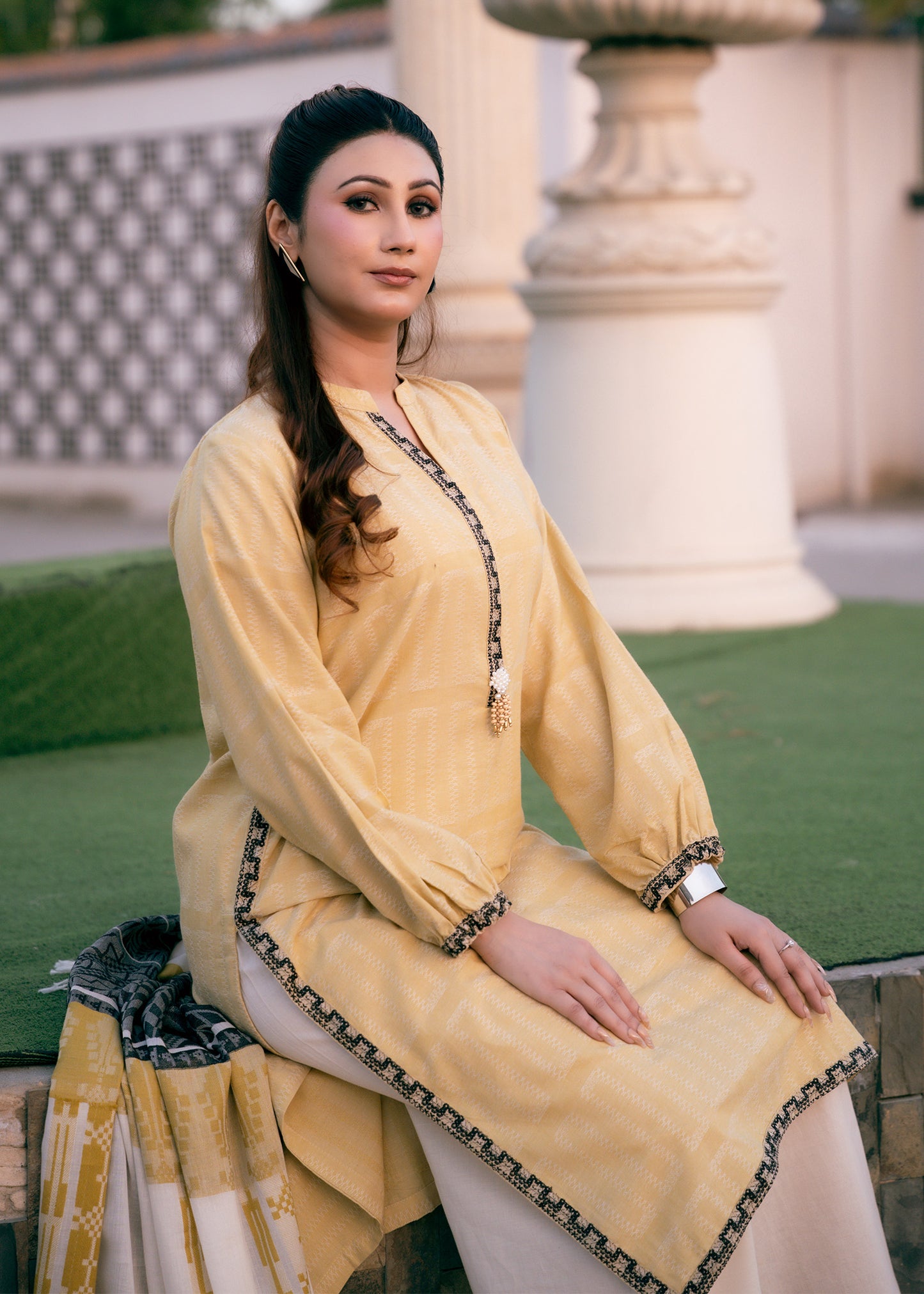 Sunlit Mustard Jacquard 3 Piece Suit