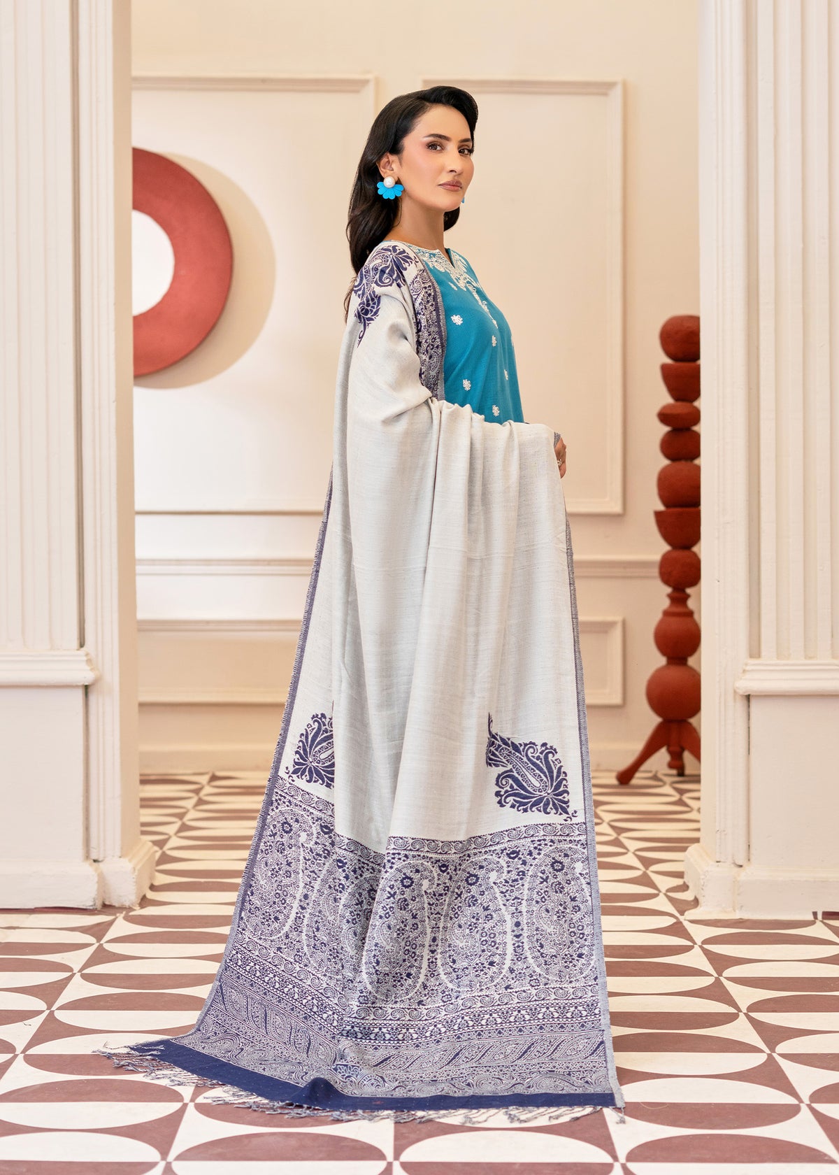 Ivory Blue Paisley Shawl