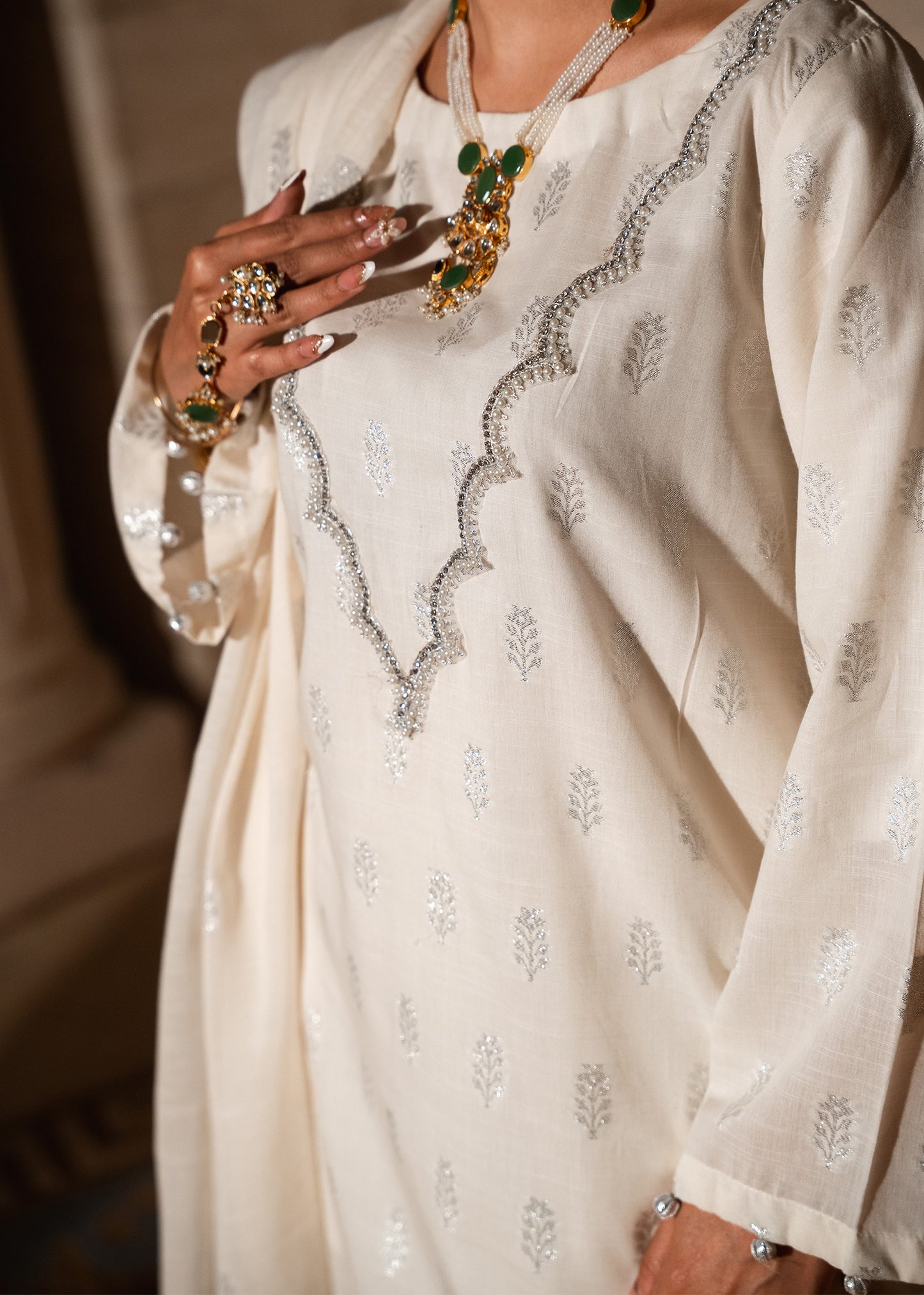 Noor-e-Safa – Silver Embellished Jacquard Three-Piece