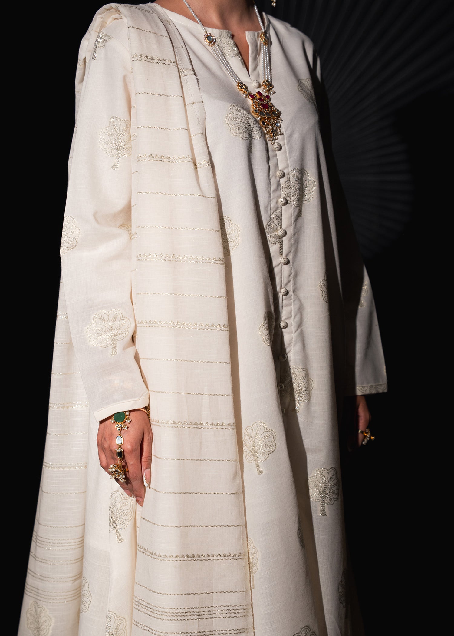 Zar-e-Noor – Golden Frock Style Jacquard Three-Piece