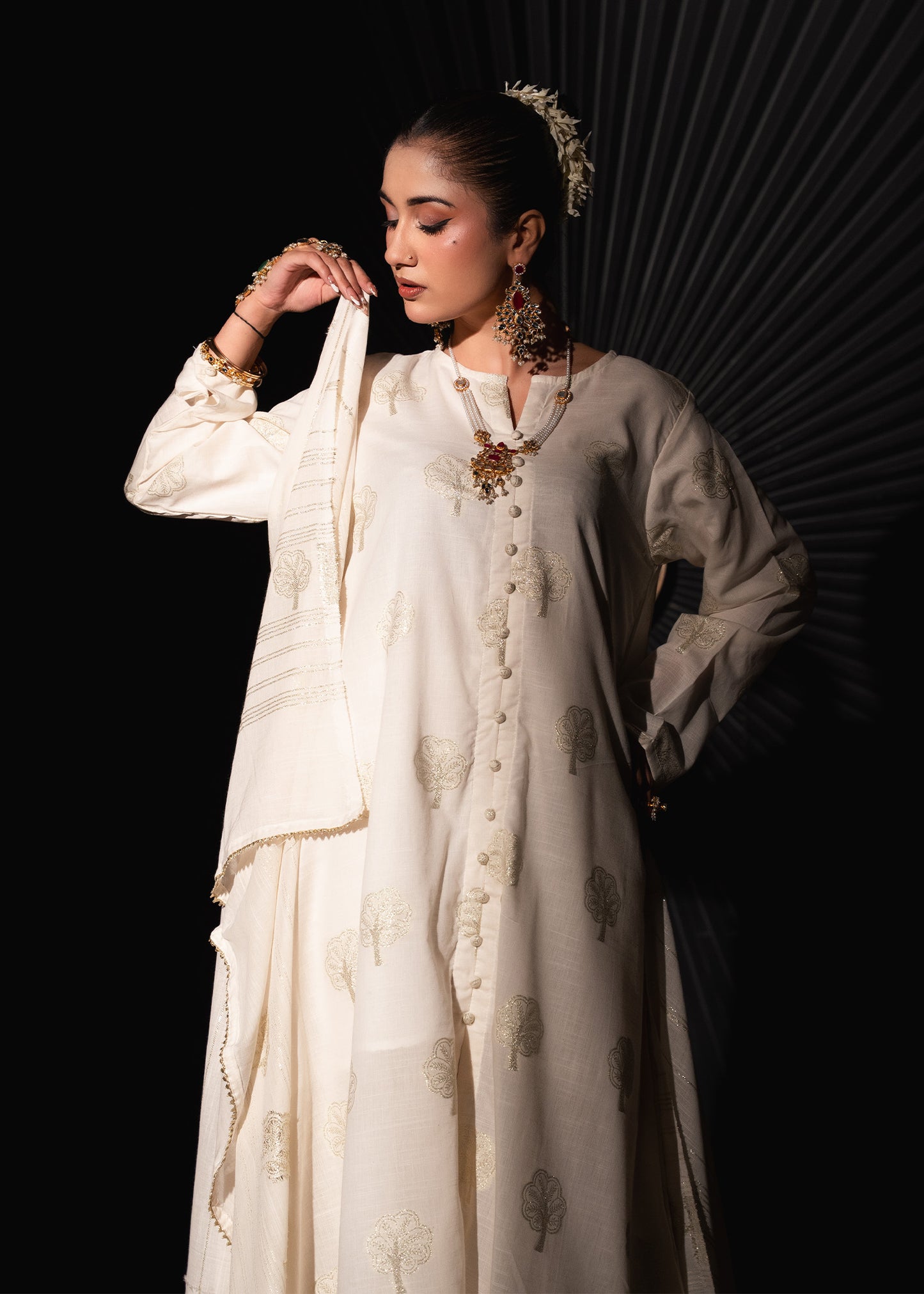 Zar-e-Noor – Golden Frock Style Jacquard Three-Piece
