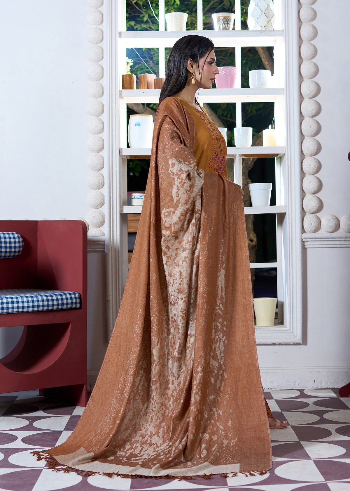Warm Caramel Jacquard Shawl