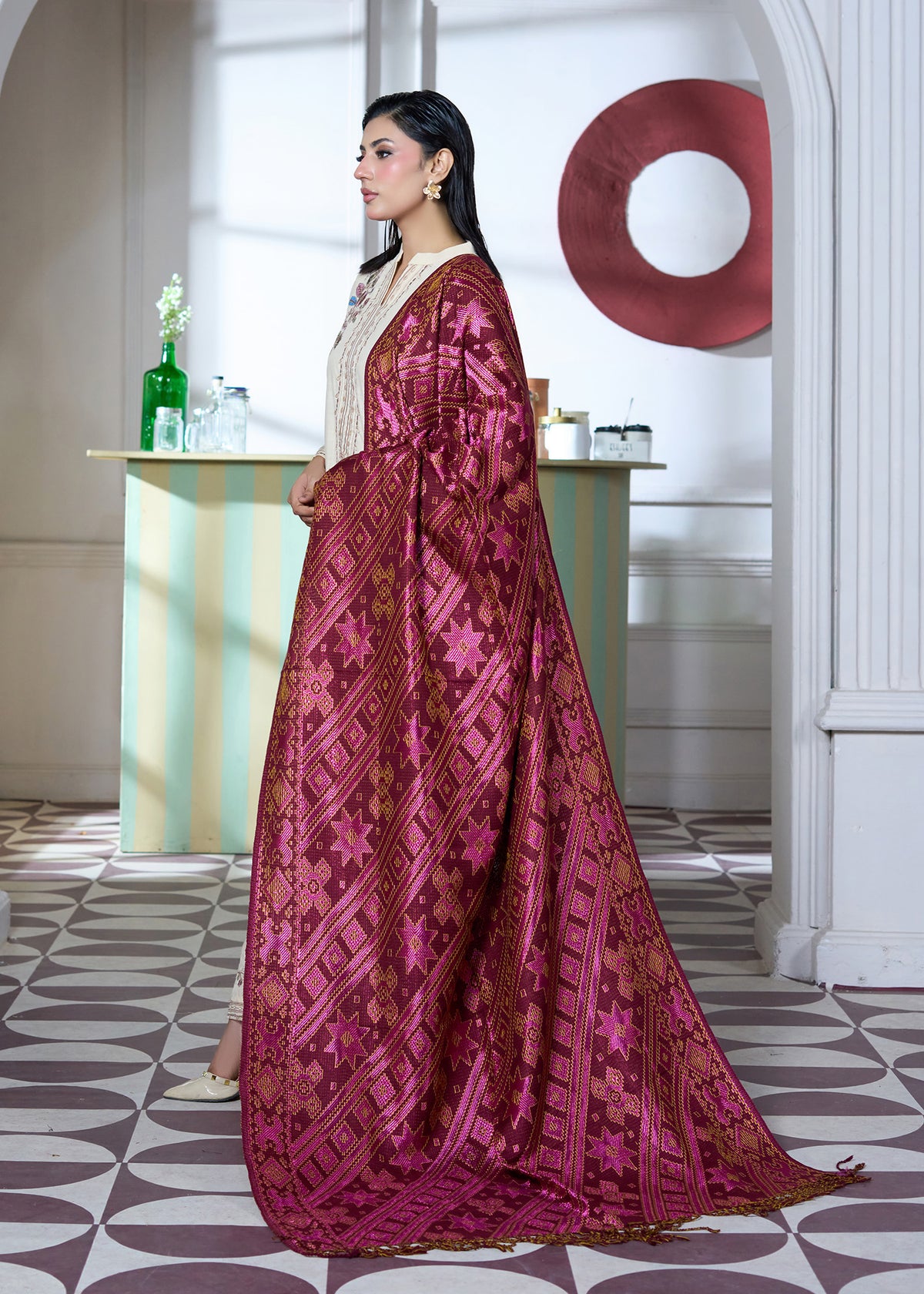Burgundy Geometric Star Shawl